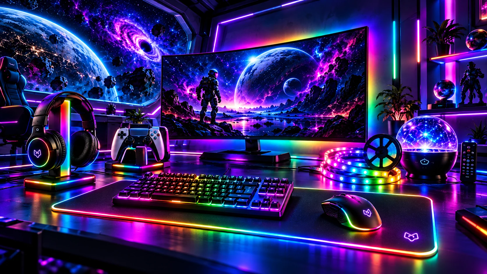 Futuristic RGB gaming room with keyboard, mouse, headphones, LED lights and galaxy projector