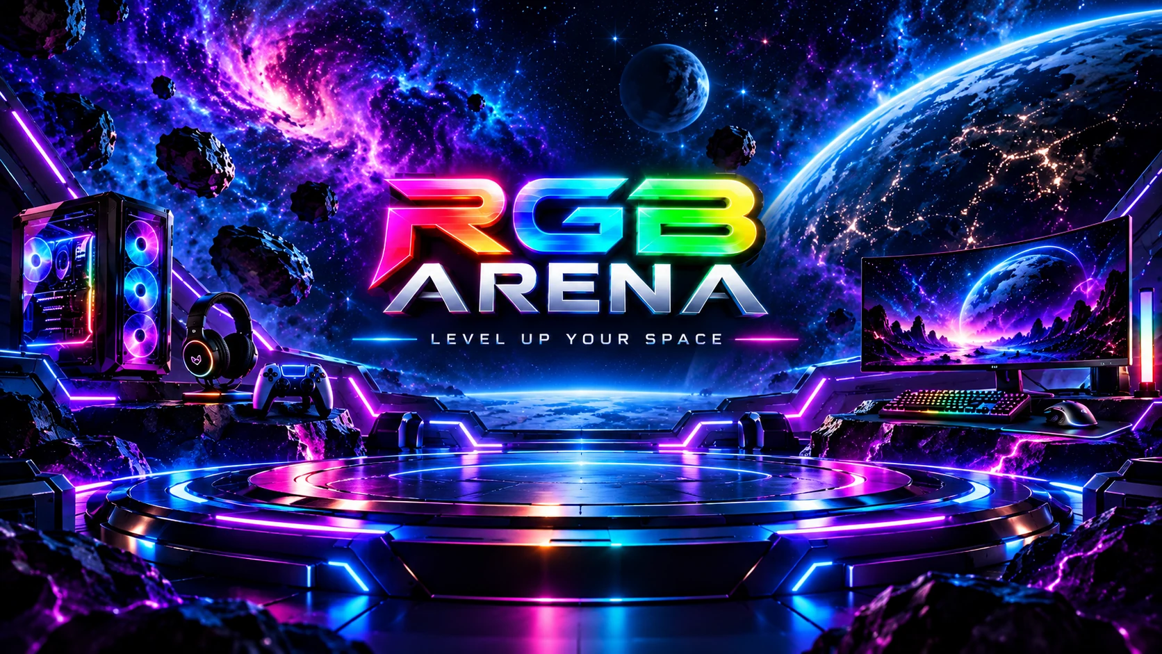 RGB ARENA neon logo, planets and futuristic gaming gear under the words Level Up Your Space
