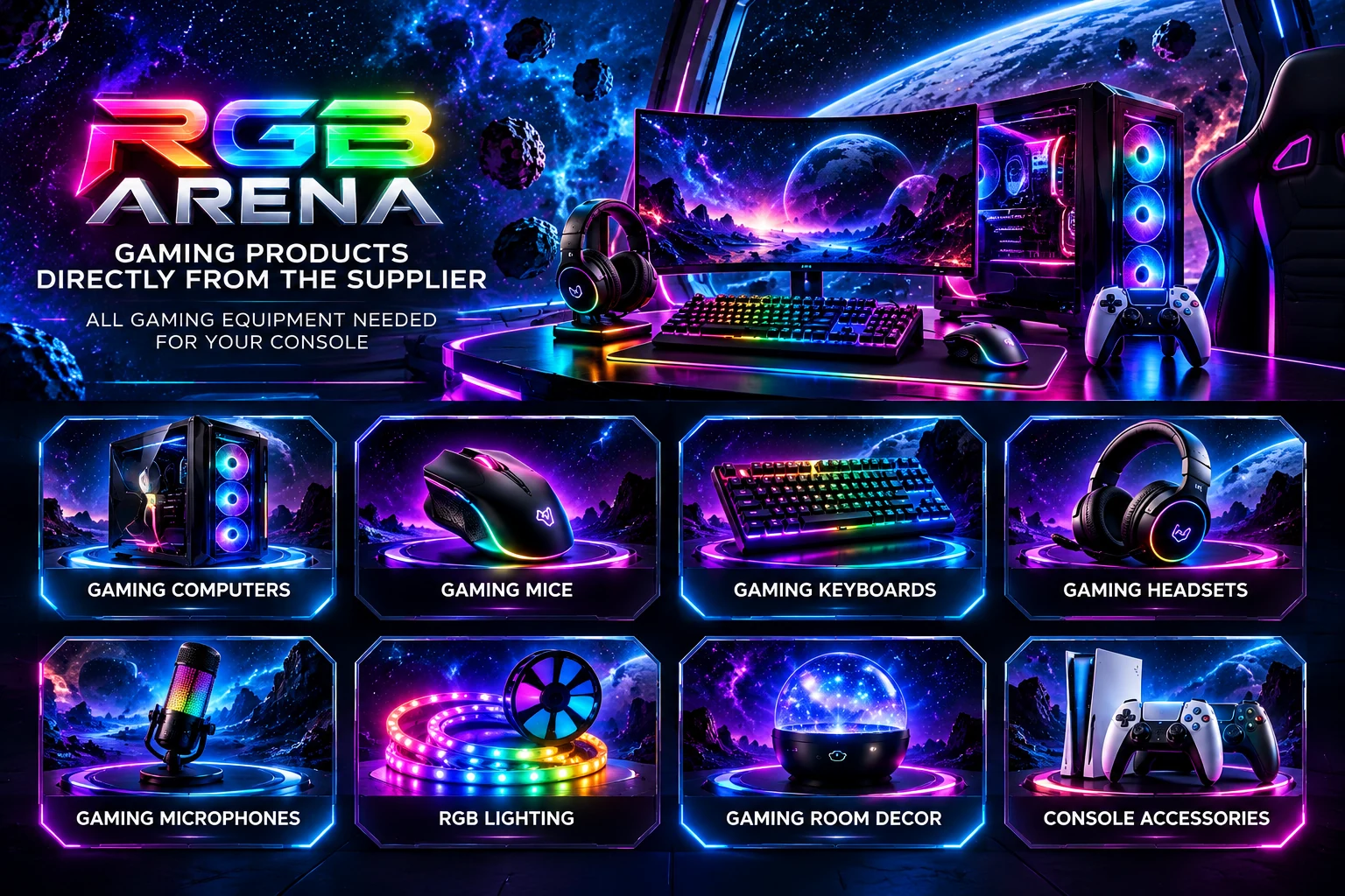 RGB ARENA illustrated gaming category collection: computers, mice, keyboards, headsets, microphones, RGB lighting, room décor and console accessories