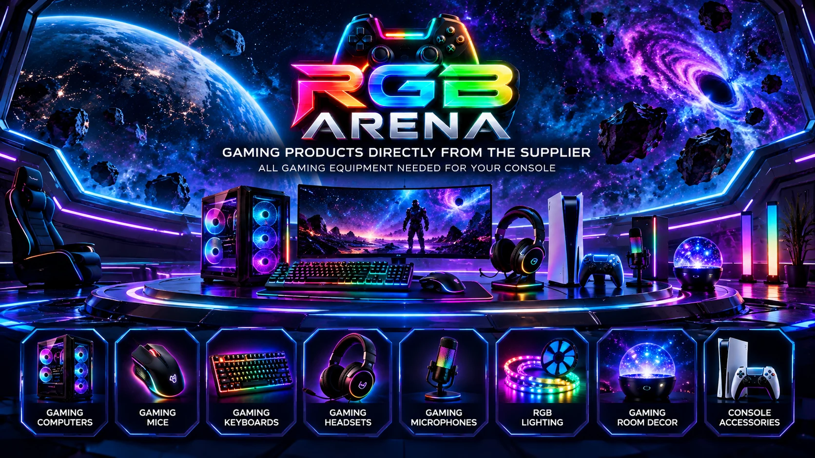 RGB ARENA galaxy gaming room with neon gaming setup and collection categories